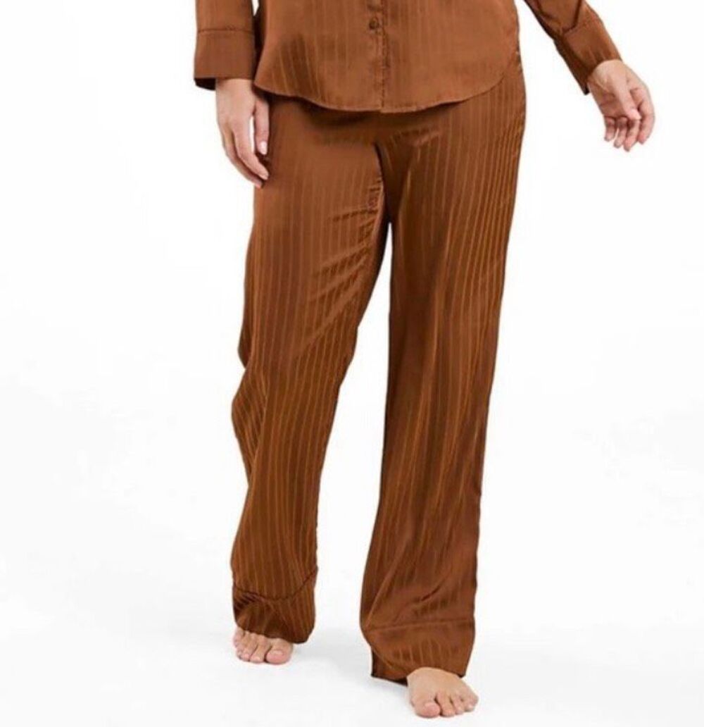 Nuuds Jacquard Striped Satin Pajama Pants lounge women's chocolate Brown M NEW